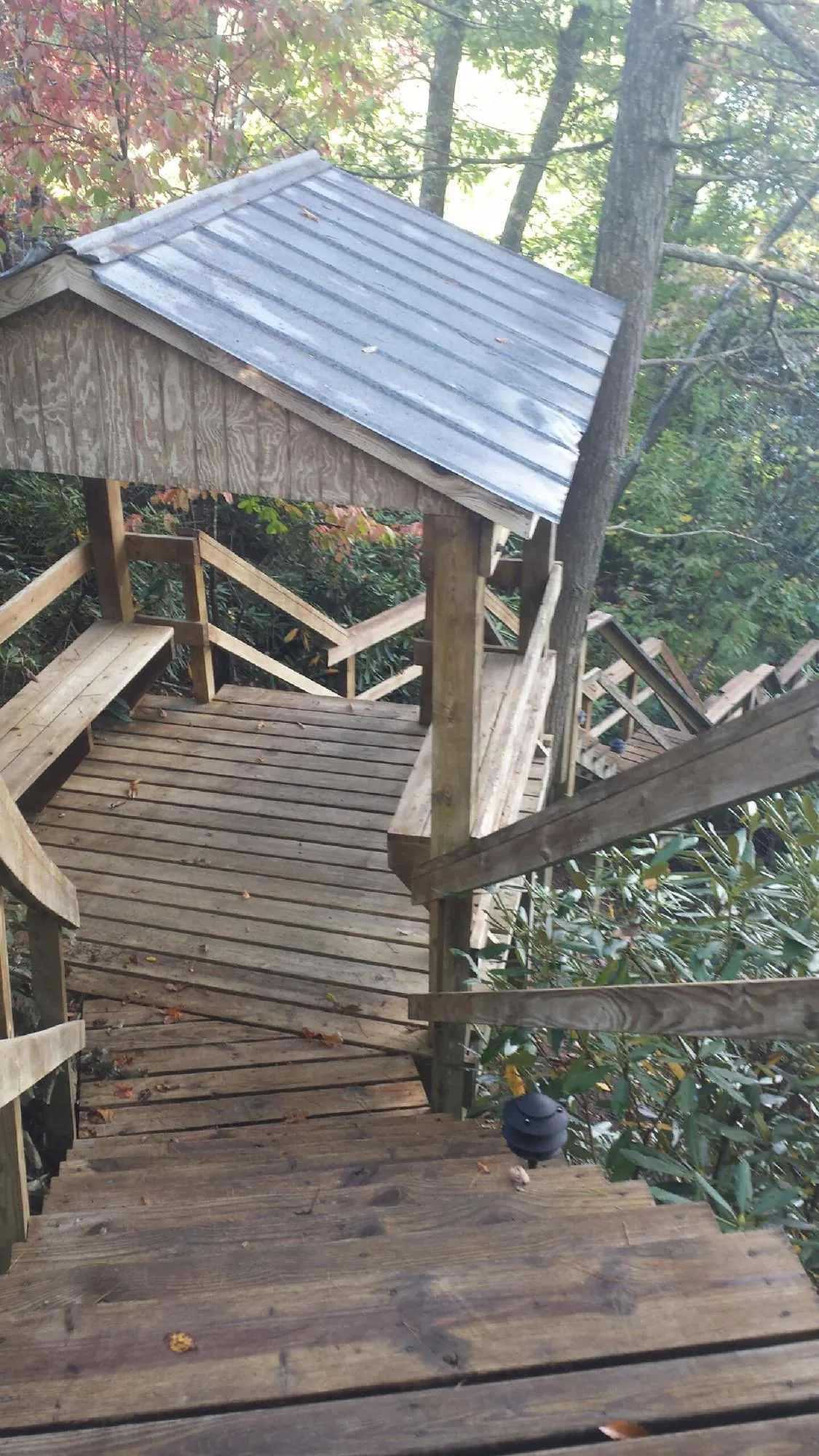 Metal roofed shelter over wooden steps on a wooded walkway — Skylight Repair & Installation work by our crew in Inver Grove Heights
